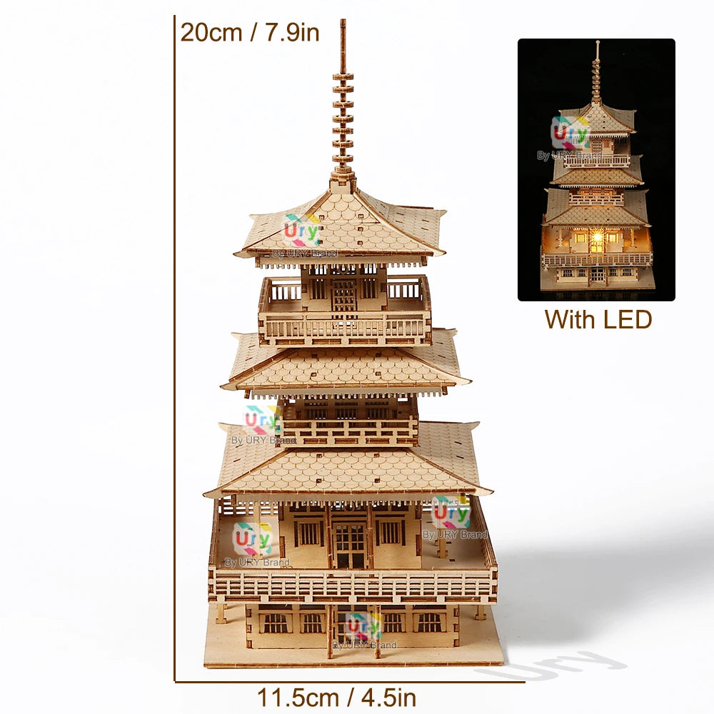 URY 3D Wooden Tower Ancient Pagoda Chinese Traditional Puzzle with Light DIY Model Game Assembly Desktop Toy Gift for Kids Adult