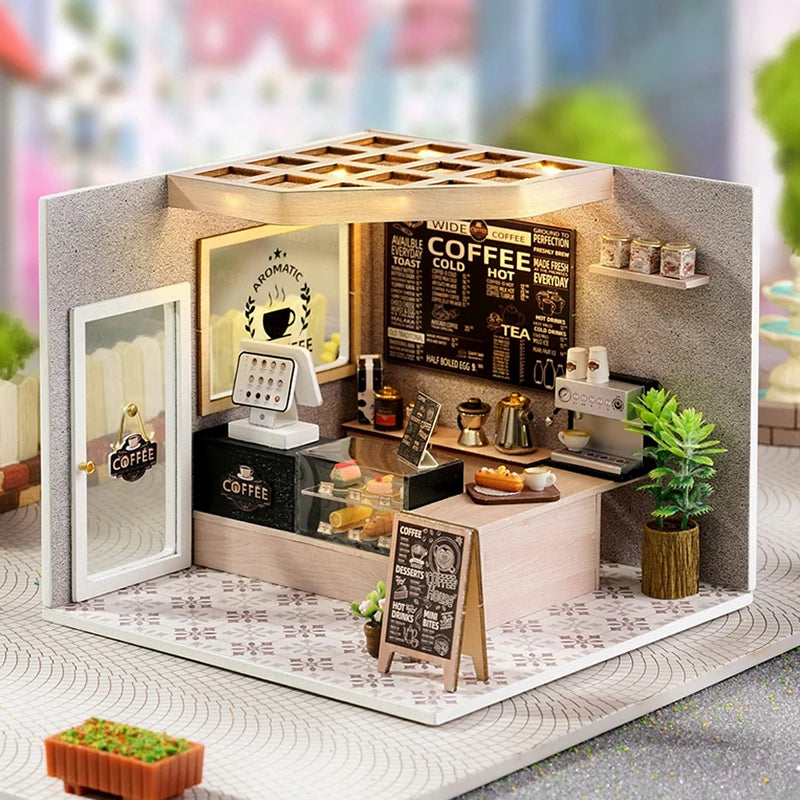 Cutebee DIY Dollhouse Miniature Kit with Furniture and Light Coffee Shop Wooden Room Building Model Toy for Adult Birthday Gifts