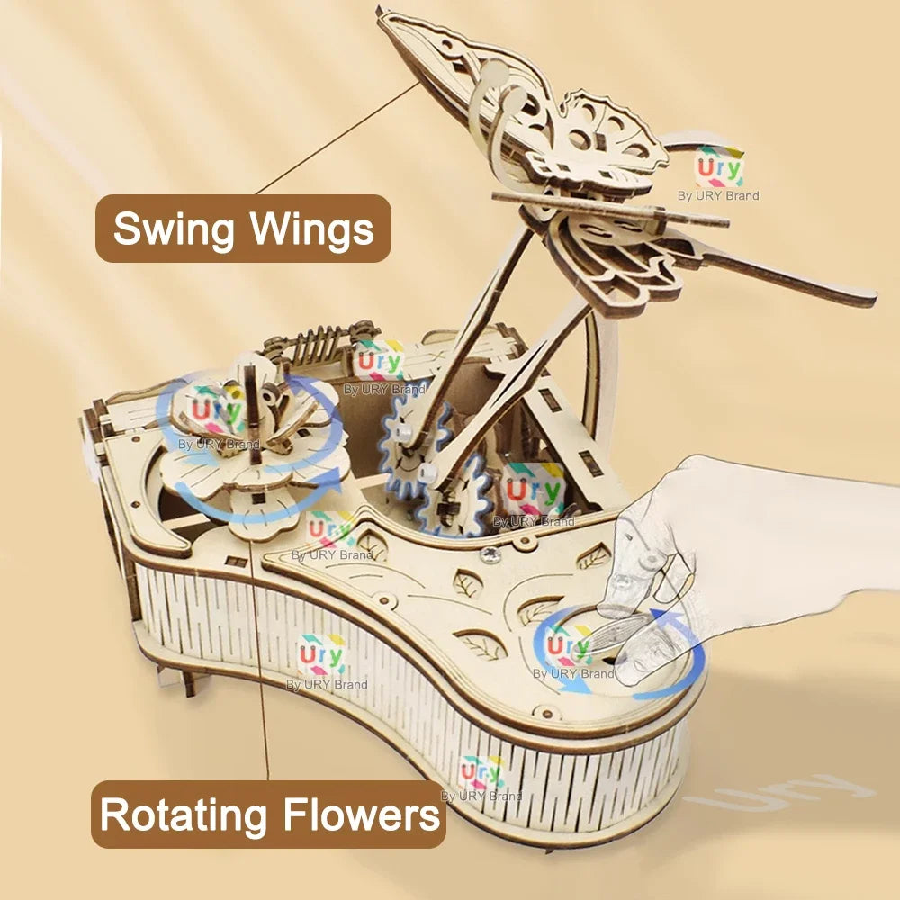 URY 3D Wooden Butterfly Grand Piano Hand Crank Musical Movement DIY Retro Toy Rhythm Device Model for Children Christmas Gift