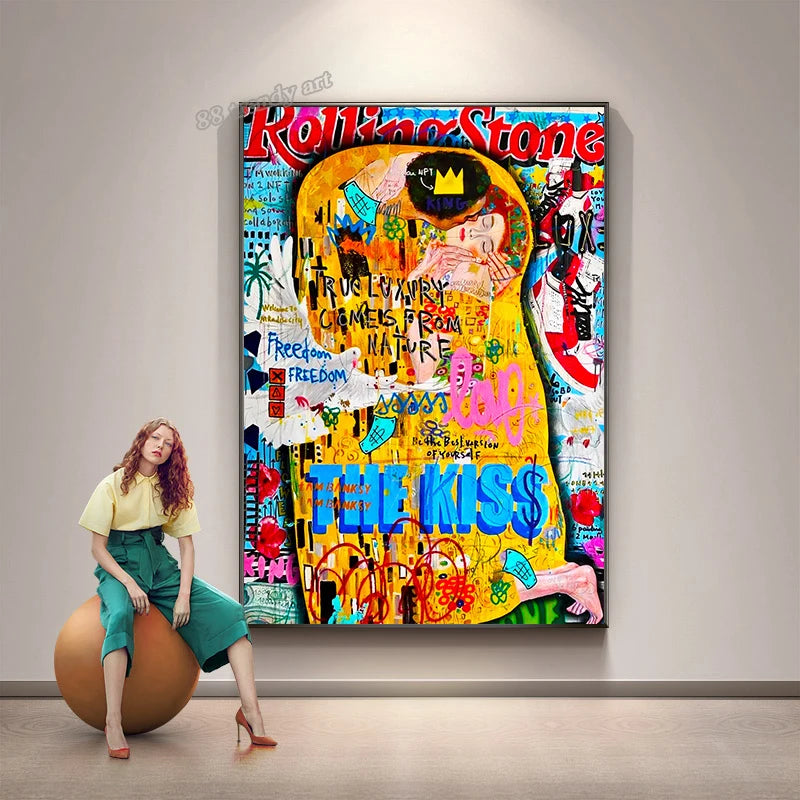 Famous Painting The Kiss By Gustav Klimt Canvas Painting Pop Art Posters and Prints Street Graffiti Wall Art Picture Home Decor