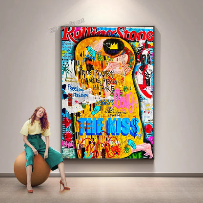 Famous Painting The Kiss By Gustav Klimt Canvas Painting Pop Art Posters and Prints Street Graffiti Wall Art Picture Home Decor