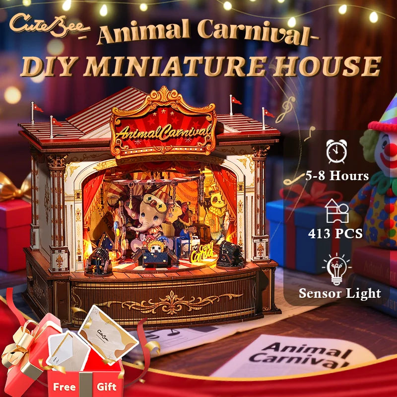 CUTEBEE Book Nook Kit DIY Music Box Wooden Doll House with Touch Light Miniature Model for Amazing Gifts Animal Carnival