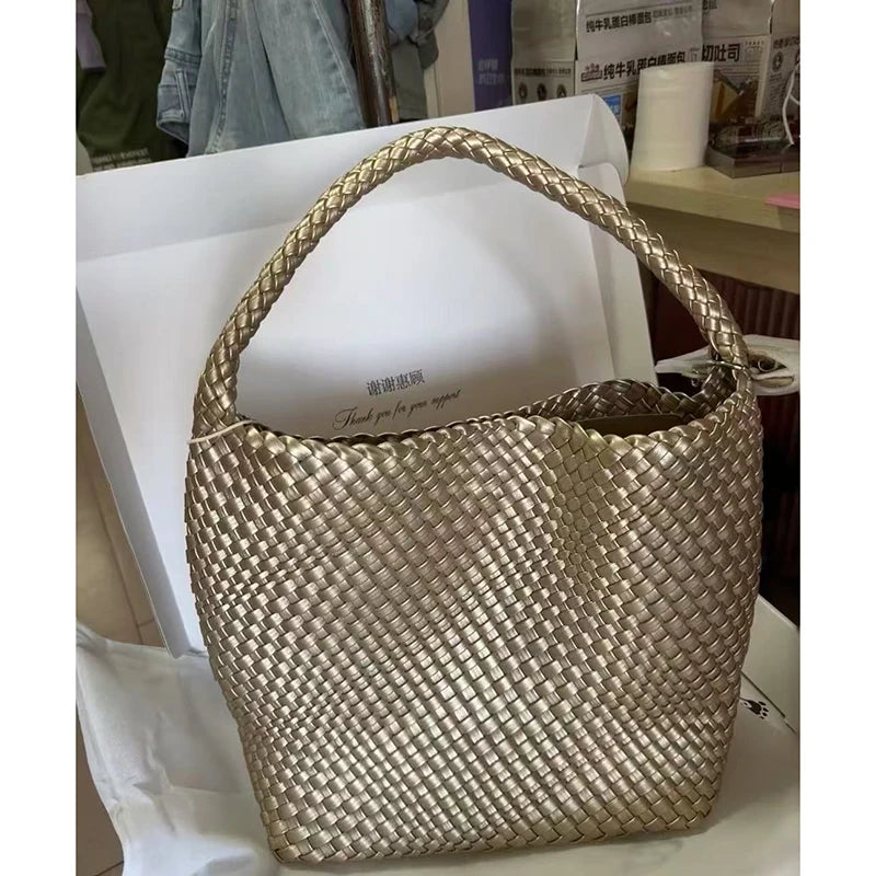2025 Fashion Soft Hobo Weave Shoulder Handbag With Insert Organizer Woven Vegan Leather Top-handle Tote All-Match Underarm Bag