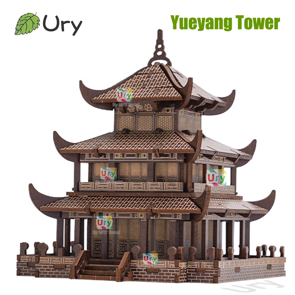 Ury 3D Wooden Puzzle Chinese Yueyang Tower Ancient Pagoda Traditional Building DIY Model Assembly Desktop Toy Gift for Adult