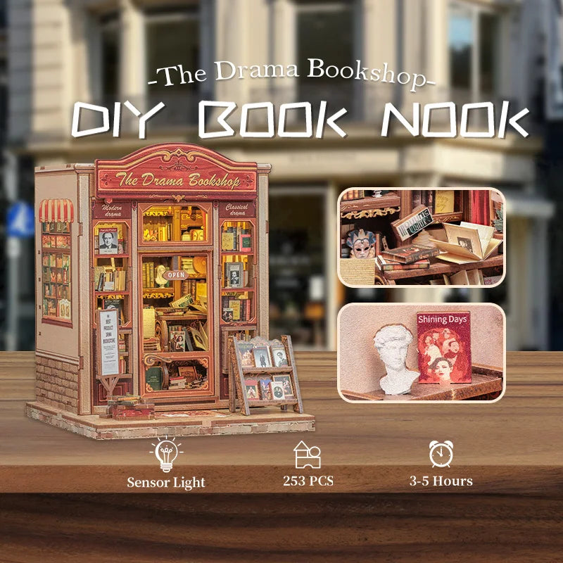 CUTEBEE Book Nook Kit DIY Doll House with LED Light Bookshelf Insert The Drama Bookshop Model Collection For Birthday Child Gift