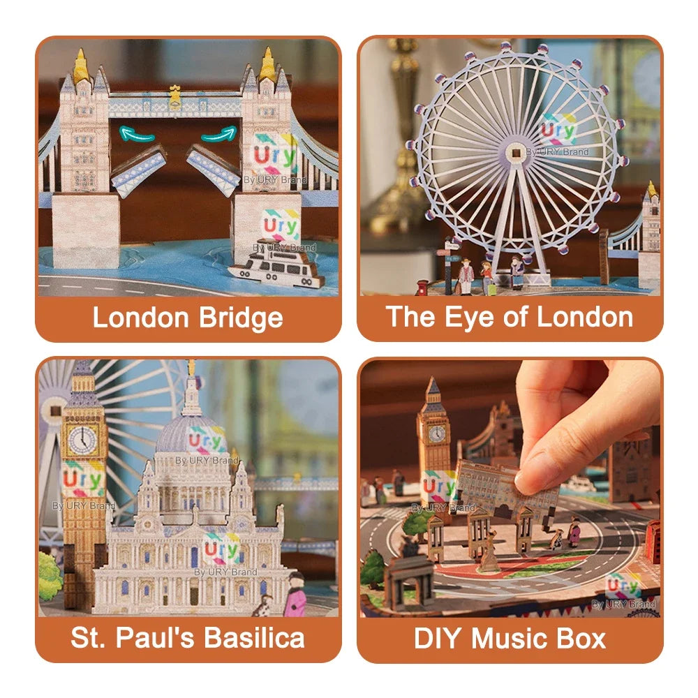 Ury 3D Wooden Puzzles Ferris Wheel London Scenery Rotatable Tour Bus  Bridge Music Box Model Kit Assembly DIY Toy Gift for Adult
