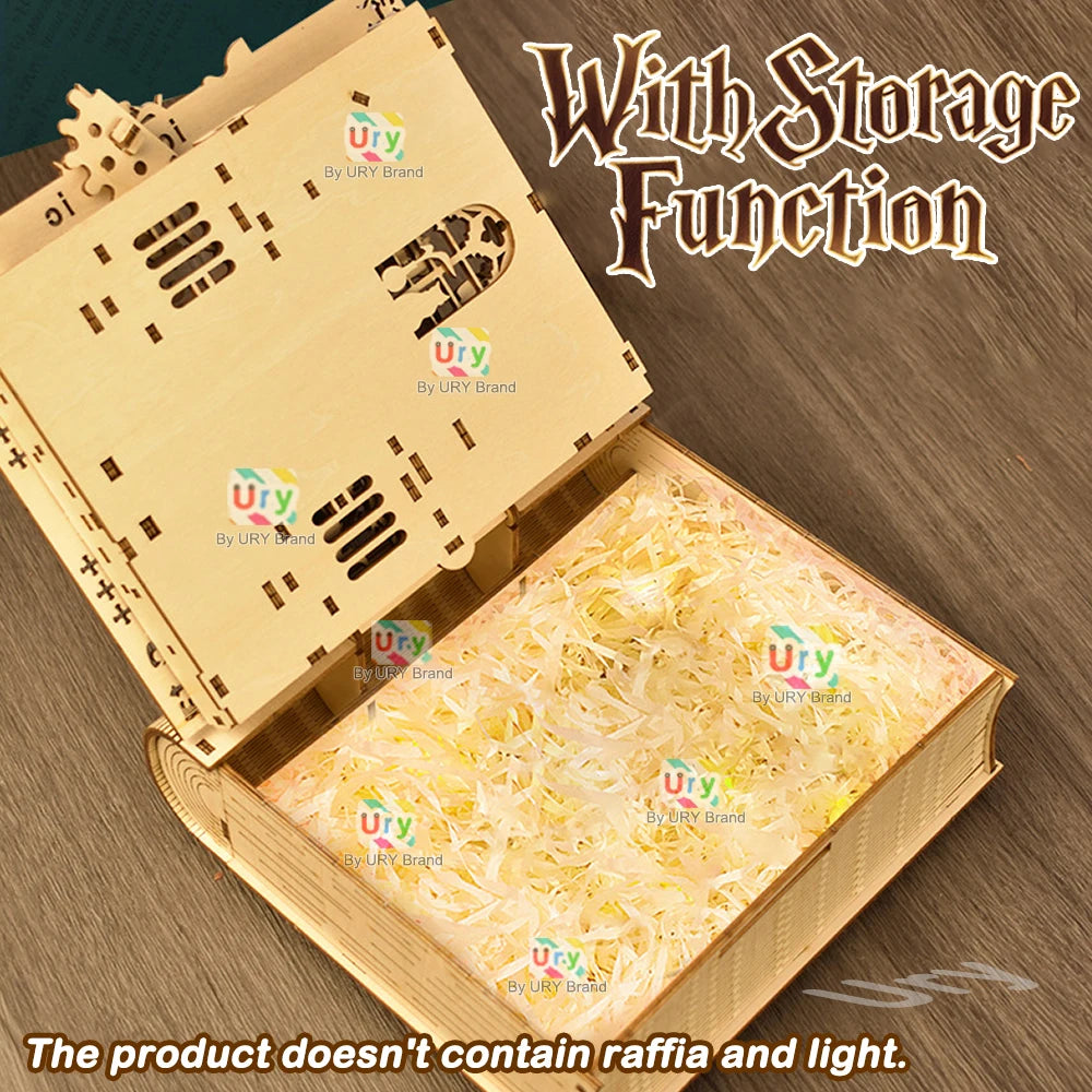 Ury 3D Wooden Puzzle Movie Serie Magic Book Box Spellbook Magician Cat Owl Messenger Model DIY Toy Decoration Gift for Kid Adult