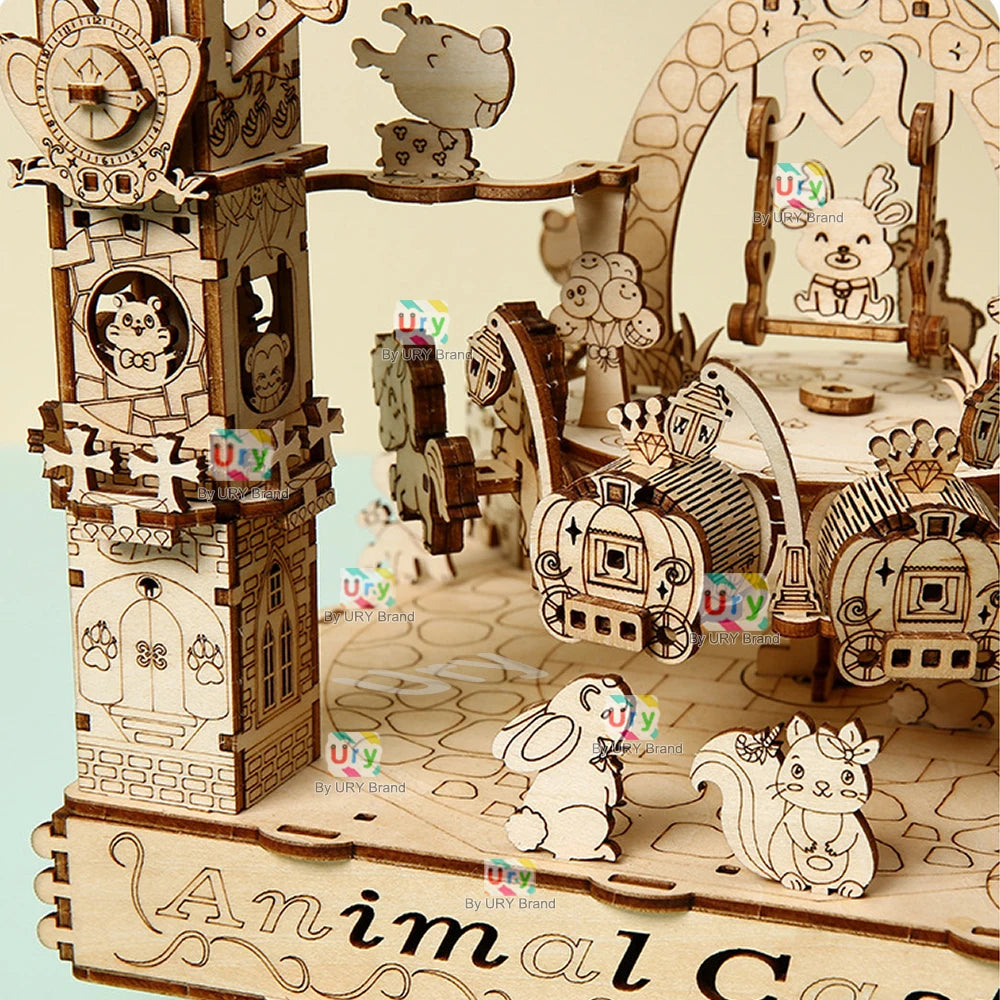 Rotatable DIY 3D Wooden Puzzles Electric Zoo Animals Amusement Park Turntable Model Mechanical Kits Decor Toys Gifts for Kids