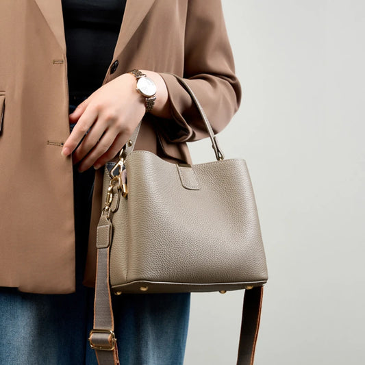 Burminsa Cowhide Genuine Leather Bucket Crossbody Shoulder Bags For Women 2025 Luxury Designer Top Handle Work Ladies Handbags