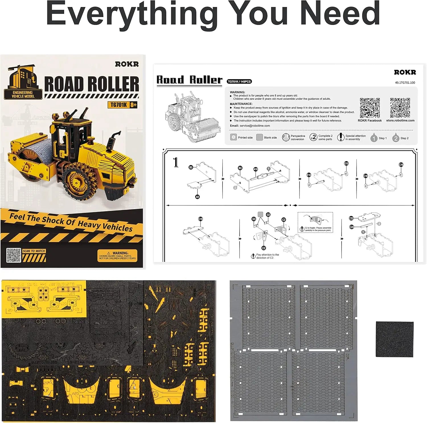 Robotime Rokr 3D Puzzles Wooden Model Car Kits Engineering Road Roller Model DIY Wooden Building Kits for Kids Gift for Birthday