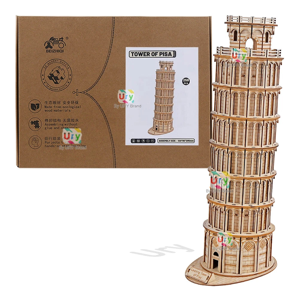 Ury 3D Wooden Puzzle Leaning of Pisa Big Ben Famous European UK Attractions Building World Architecture Model DIY Toy Decoration