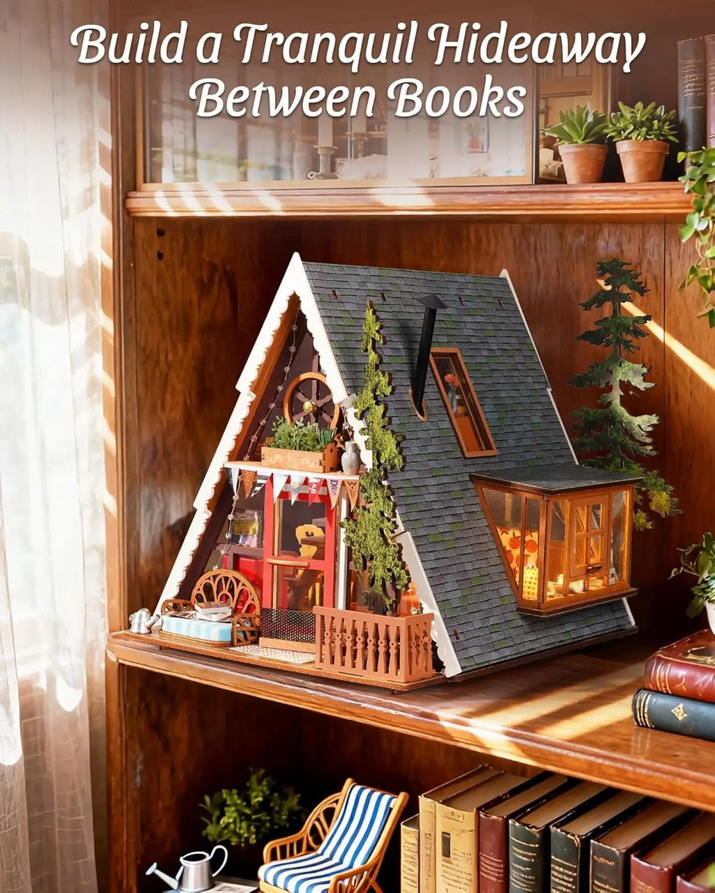 Robotime Rolife DIY Miniature House Kit A-Frame Cabin 3D Wooden Puzzle Tiny House with Openable Skylight for Teens & Adults