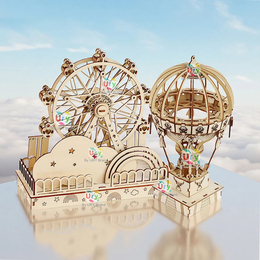 Ury 3D Wooden Puzzles Mini Amusement Park Ferris Wheel Hot Air Balloon Model Assembly Kits Decoration Toy Gift for Kids Adults