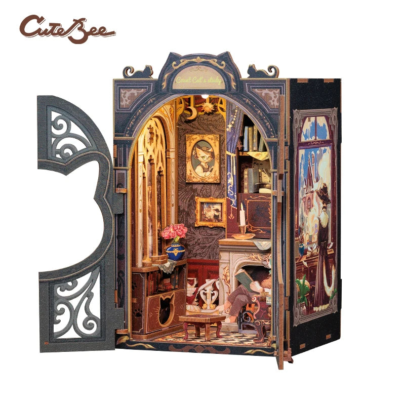 CUTEBEE DIY Book Nook Kit Miniature Doll House With LED Light 3D Puzzle Model Building Wooden Booknook Toy Adults Birthday Gifts