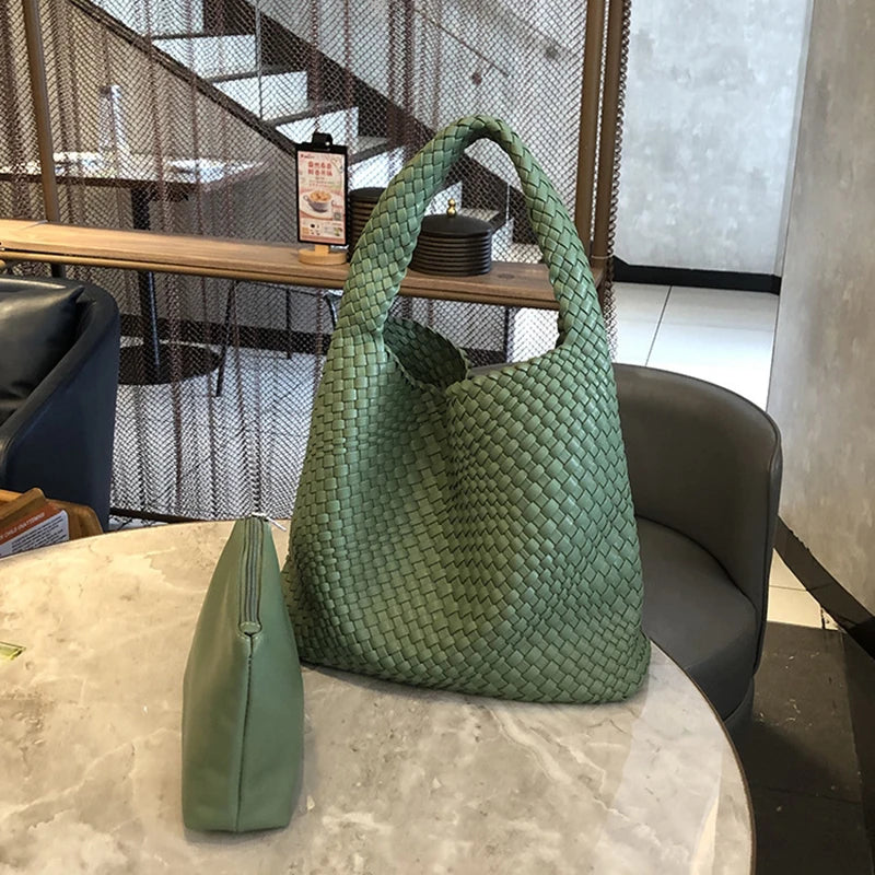 2025 Fashion Soft Hobo Weave Shoulder Handbag With Insert Organizer Woven Vegan Leather Top-handle Tote All-Match Underarm Bag
