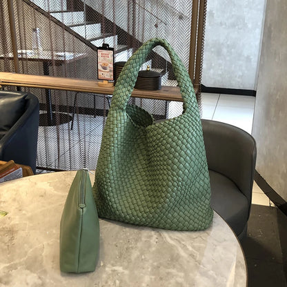 2025 Fashion Soft Hobo Weave Shoulder Handbag With Insert Organizer Woven Vegan Leather Top-handle Tote All-Match Underarm Bag
