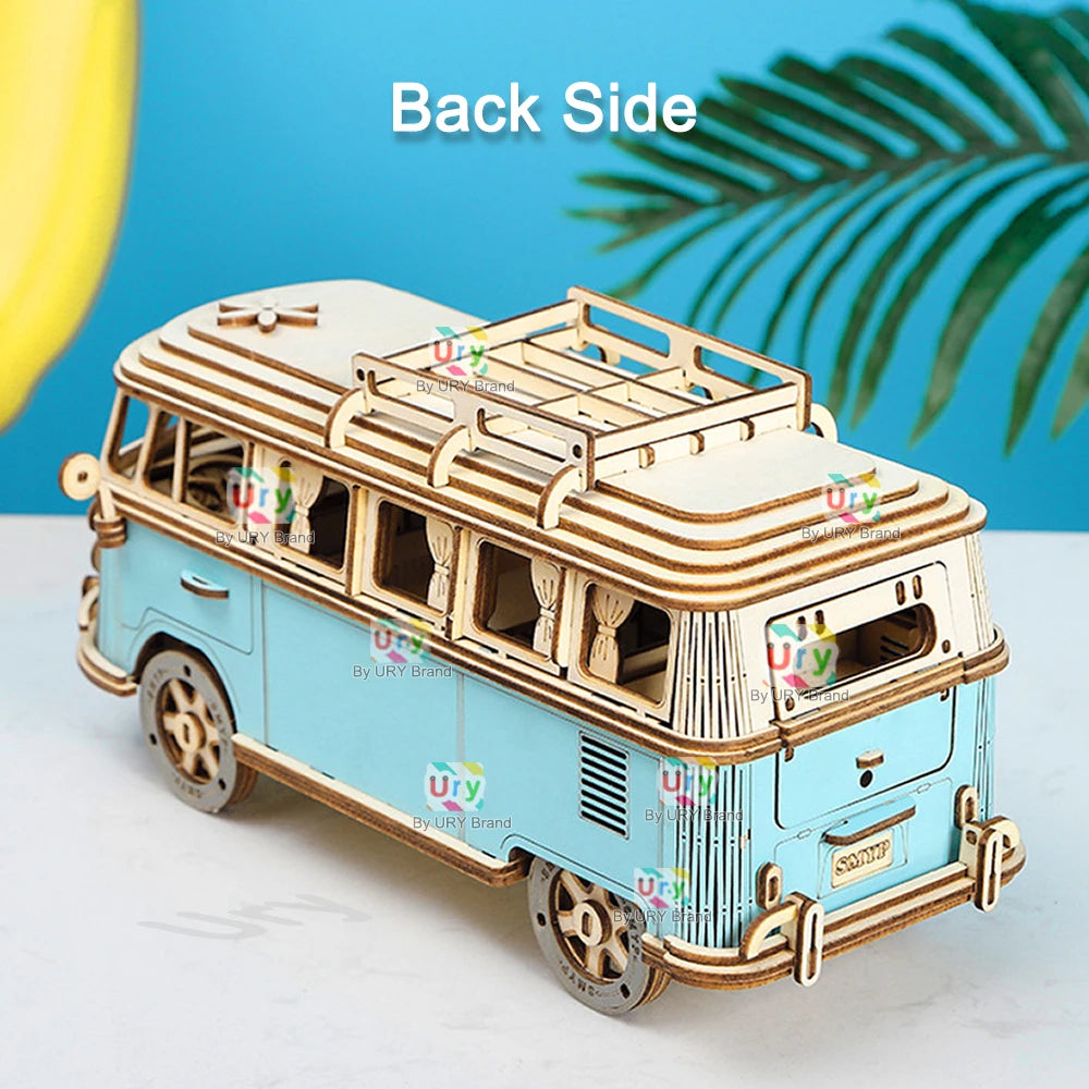 Ury 3D Wooden Puzzle Retro Camping Car Bus Classic Nostalgic Movie Vehicle Assembly Model DIY Decoration Gift Toys for Kid Adult