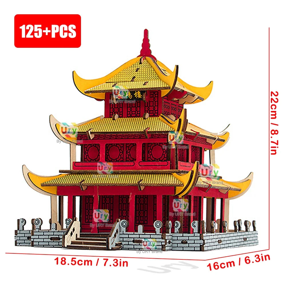 Ury 3D Wooden House Colorful Chinese Traditional Puzzle Building DIY Model Game Assembly Desktop Toy Gift for Children Adult