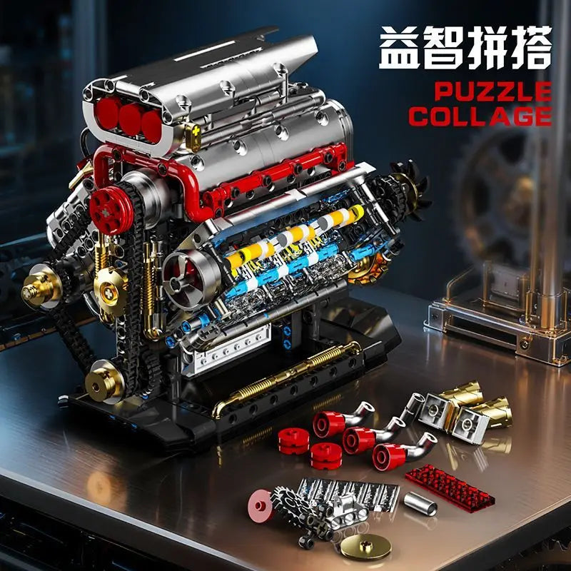 GQ3703 1176PCS V8 Engine Model Sports Car Simulation Cylinder Chain Drive Engine Building Blocks Ornaments Bricks Toy Kids Gift