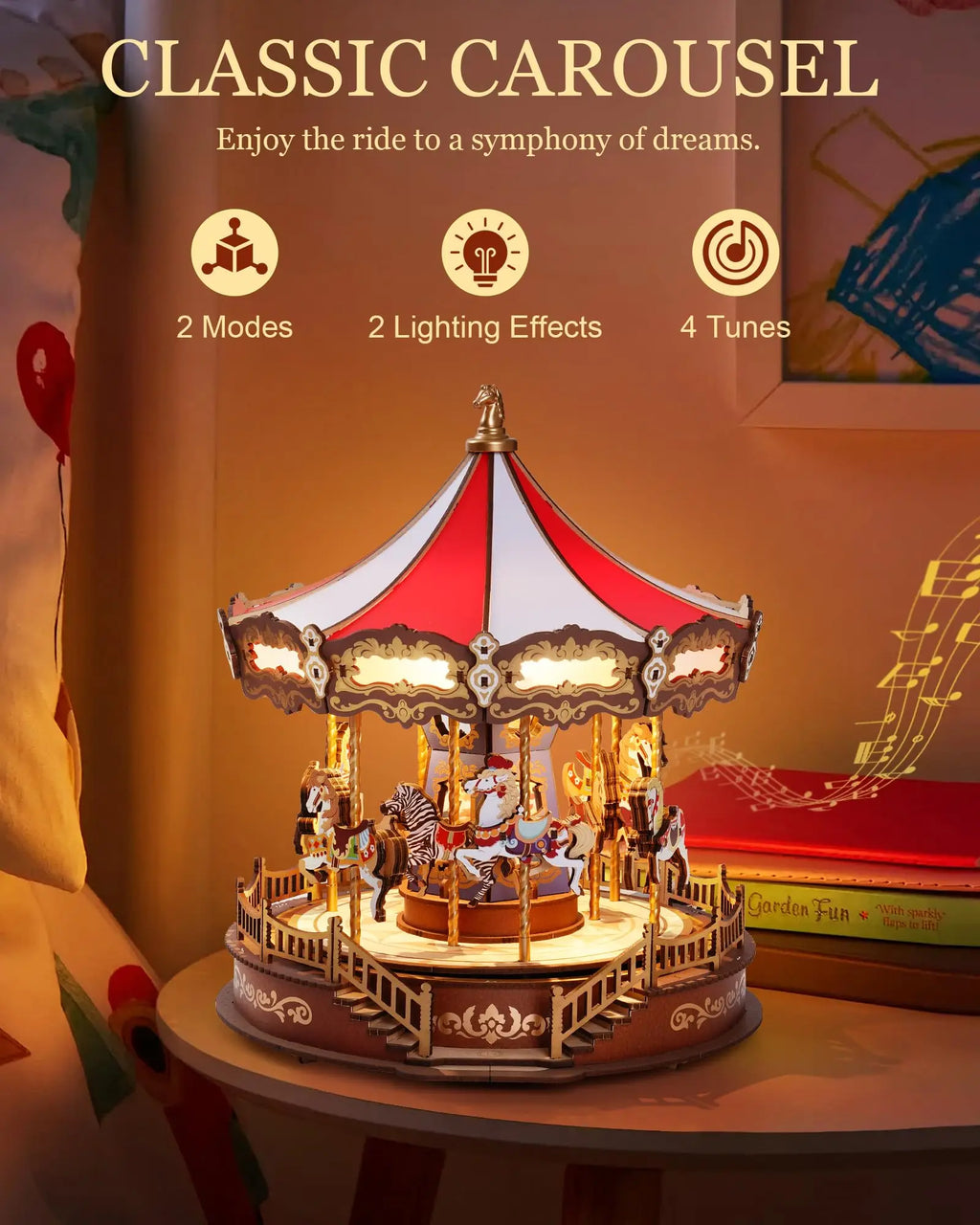 Robotime Rolife Classic Carousel Music Boxes Easy Assemble 3D Wooden Puzzle Moveable Design with Light Xmas Gifts for Family