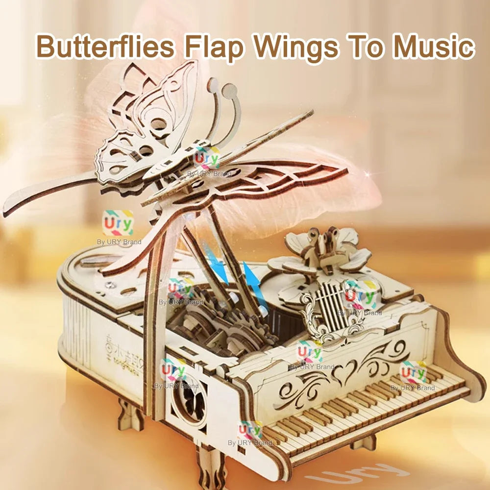 URY 3D Wooden Butterfly Grand Piano Hand Crank Musical Movement DIY Retro Toy Rhythm Device Model for Children Christmas Gift