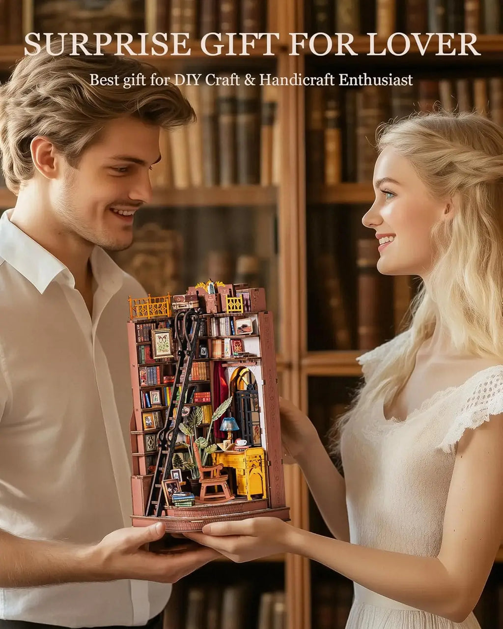 Robotime Silent Corner Study DIY Book Nook Shelf Insert Wooden Miniature Doll House for Bookshelf Insert Furniture TGE02