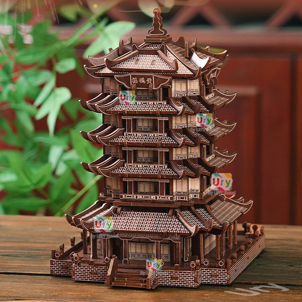 Ury 3D Wooden Puzzle Chinese Yellow Crane Tower Ancient Pagoda Traditional Building DIY Model Assembly Desktop Gift for Adult