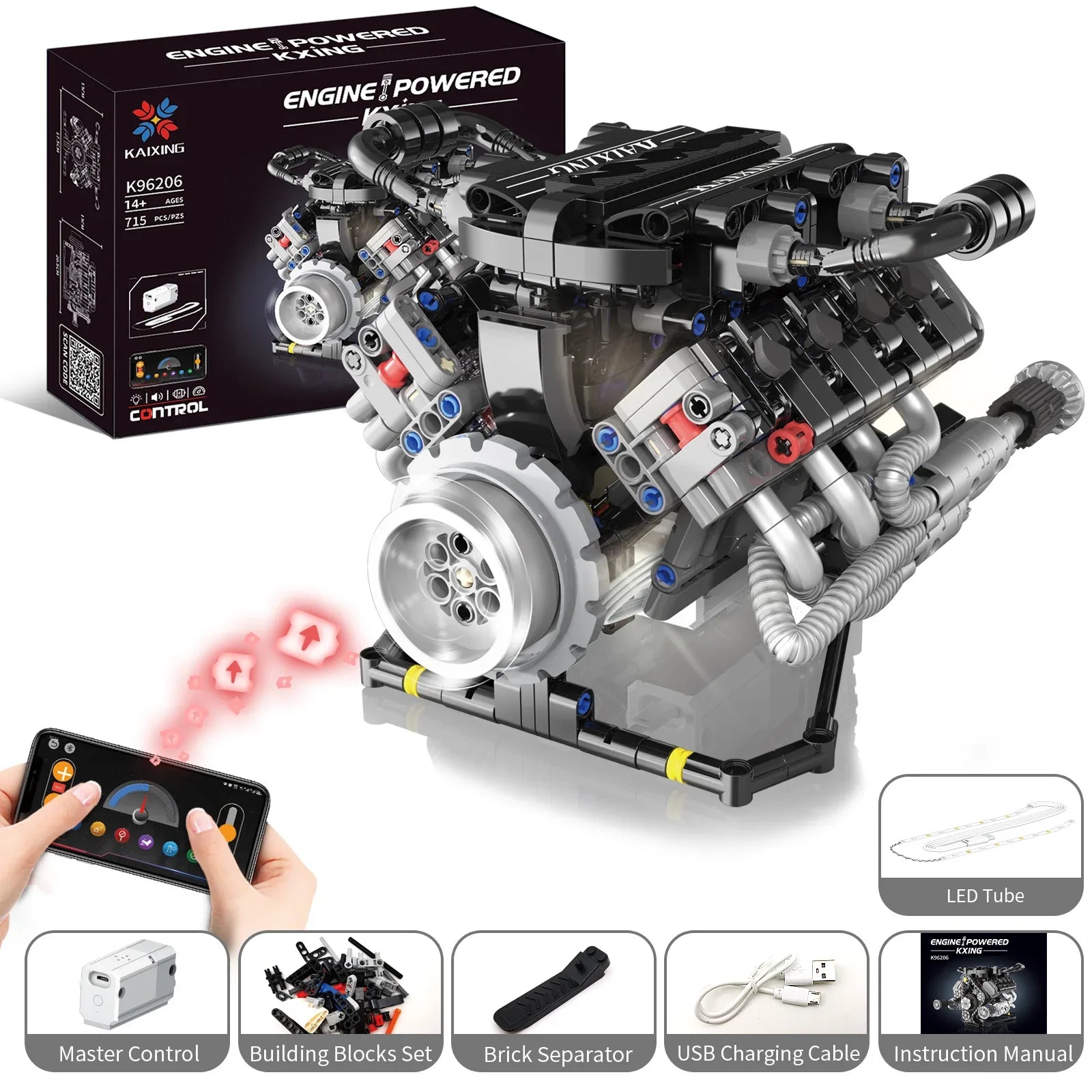 715PCS K96206 V8 Engine Model Bricks MOC Kit Programmable Car Building Blocks with LED Lights & APP Control STEM Educational Toy