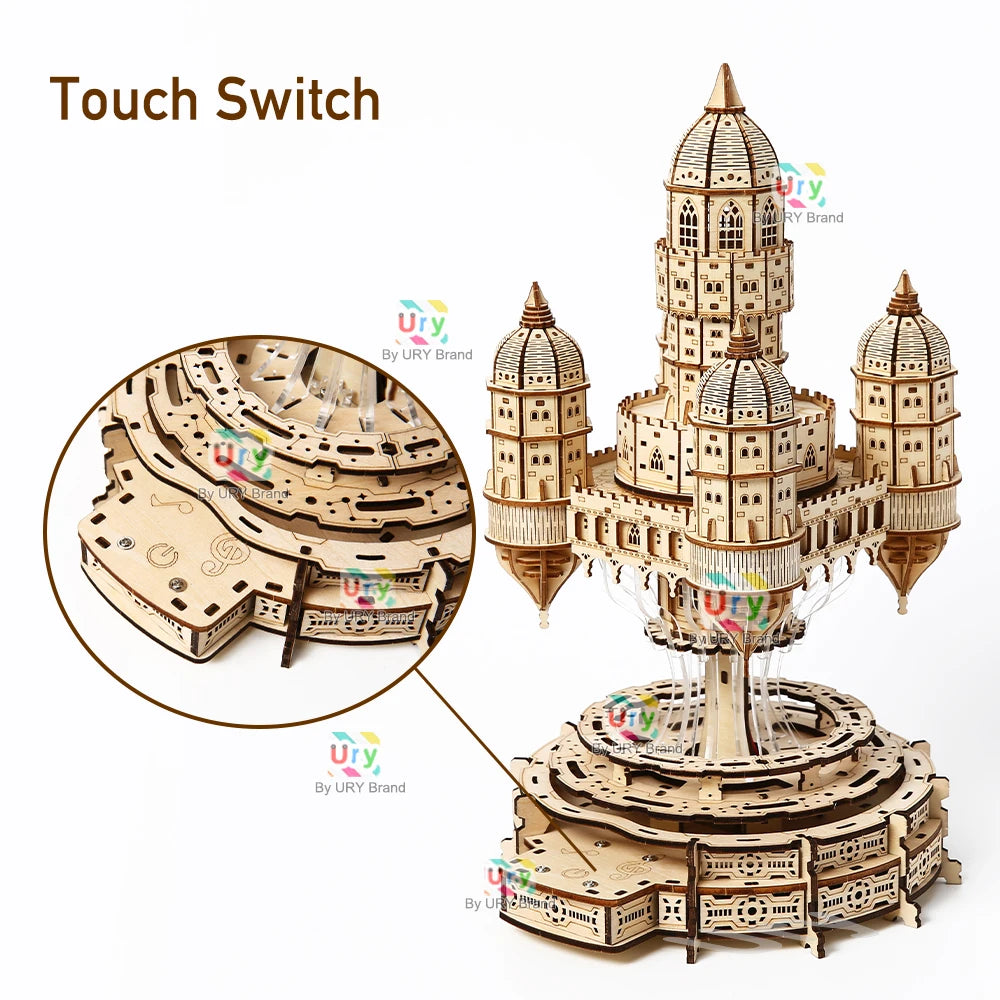 3D Wooden Puzzle House Royal Electric Rotating Sky Castle With Light Assembly Toy For Kids Adult DIY Model Decoration for Gifts