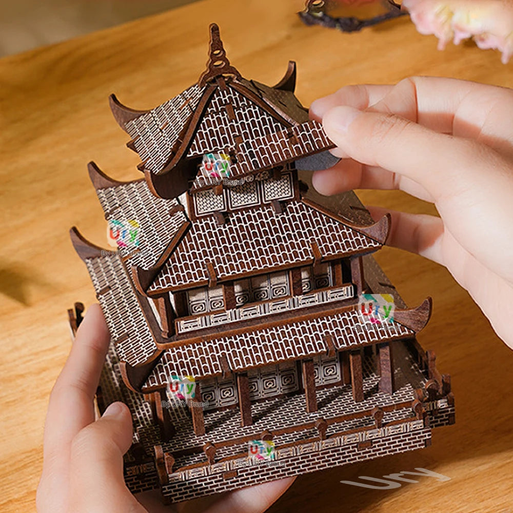 Ury 3D Wooden Puzzle Chinese Yueyang Tower Ancient Pagoda Traditional Building DIY Model Assembly Desktop Toy Gift for Adult