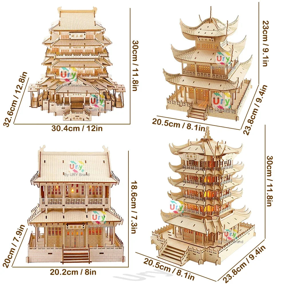 Ury 3D Wooden House Chinese Traditional Puzzle with Light Building DIY Model Game Assembly Desktop Toy Gift for Children Adult