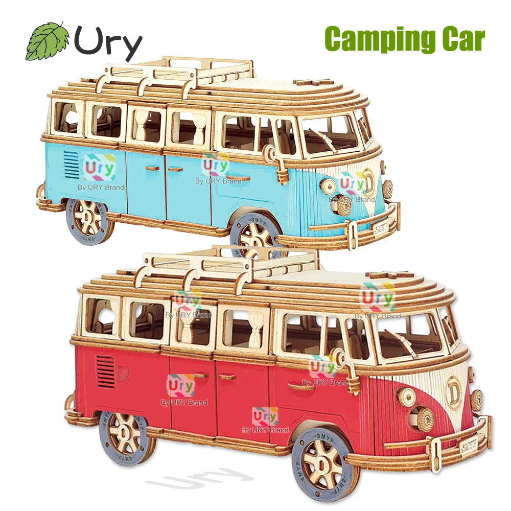 Ury 3D Wooden Puzzle Retro Camping Car Bus Classic Nostalgic Movie Vehicle Assembly Model DIY Decoration Gift Toys for Kid Adult