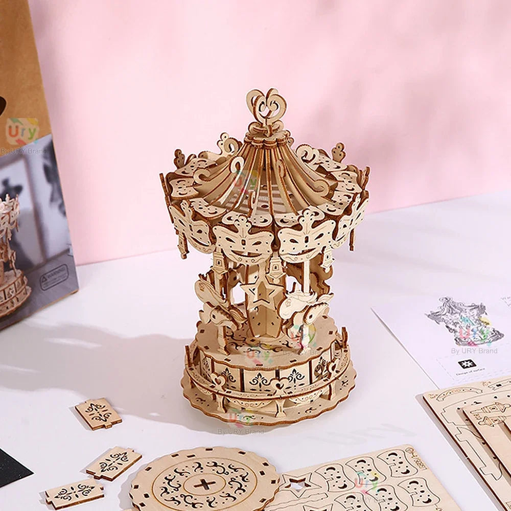 DIY Laser Cutting 3D Wooden Puzzle Ferris Wheel Carousel Mechanical Model Assembly Craft Kits Desk Decoration for Christmas Gift