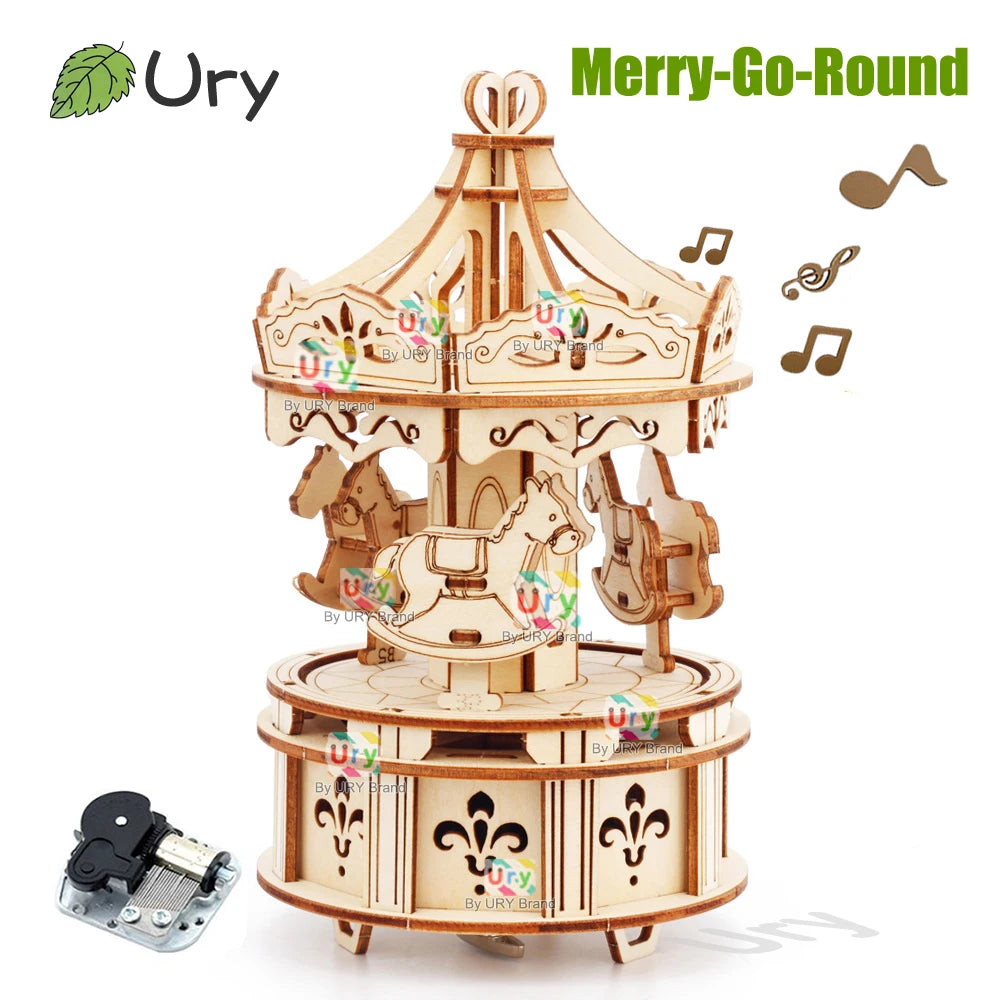 Rotatable DIY 3D Puzzles Carousel merry-go-round Music Octave Box Wooden Model Mechanical Kits Assembly Decor Toys Gift for Kids