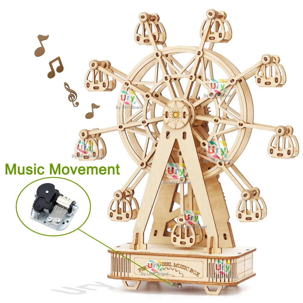 Rotatable DIY 3D Puzzles Mini Ferris Wheel Music Octave Box Wooden Model Mechanical Kits Assembly Decor Toy Gift for Kids Adult