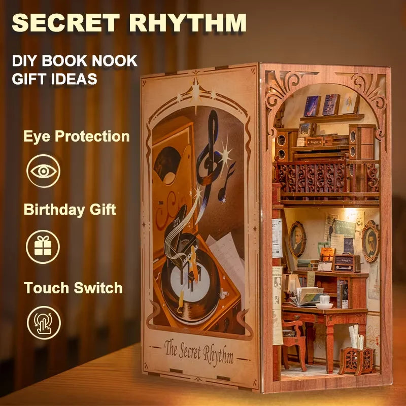 CUTEBEE DIY Book Nook Kit Miniature House Gift Ideas With Dust Cover Touch Light Secret Rhythm Craft Toys for Birthday Gift