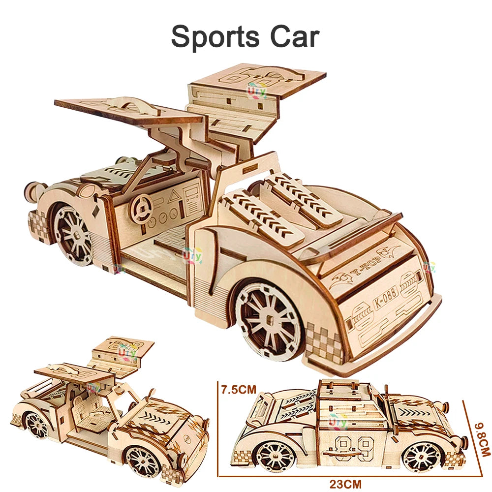 Ury 3D Wooden Puzzle Truck Sports Car Off-Road Unloading Movable Retro Vehicle Assembly Model DIY Decoration Gift for Kids