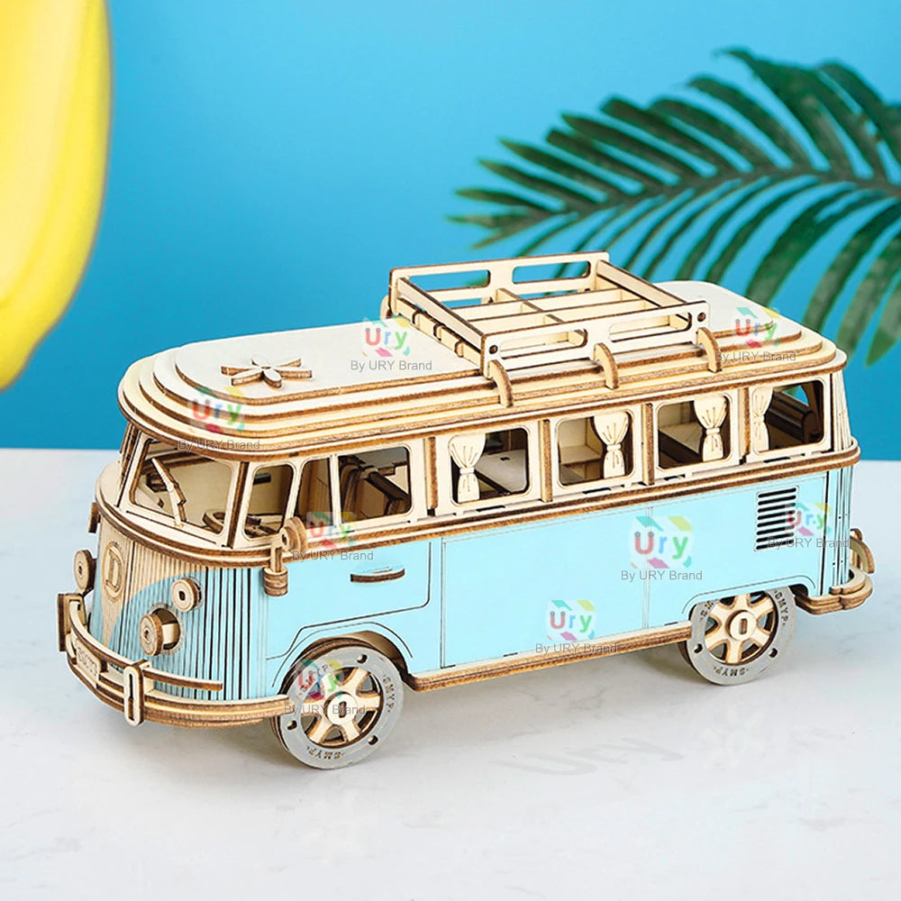 Ury 3D Wooden Puzzle Retro Camping Car Bus Classic Nostalgic Movie Vehicle Assembly Model DIY Decoration Gift Toys for Kid Adult