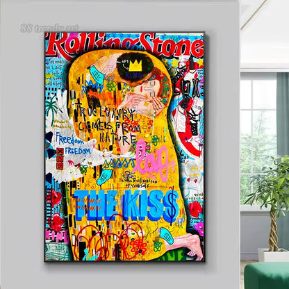 Famous Painting The Kiss By Gustav Klimt Canvas Painting Pop Art Posters and Prints Street Graffiti Wall Art Picture Home Decor