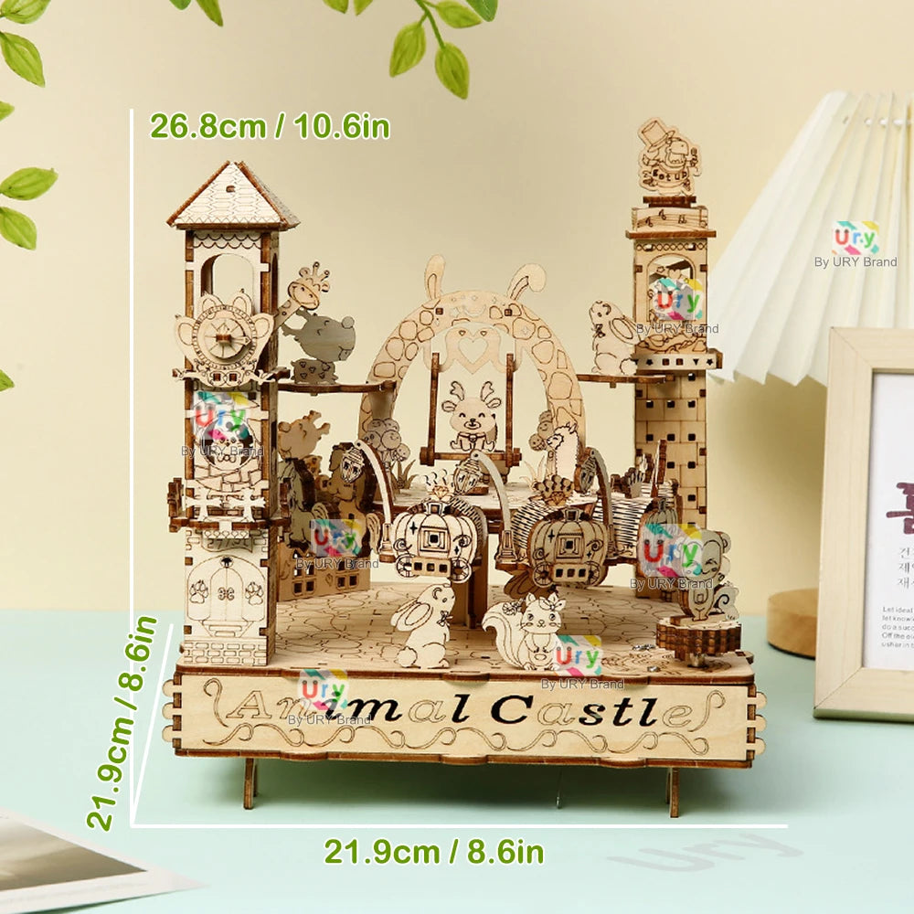 Rotatable DIY 3D Wooden Puzzles Electric Zoo Animals Amusement Park Turntable Model Mechanical Kits Decor Toys Gifts for Kids