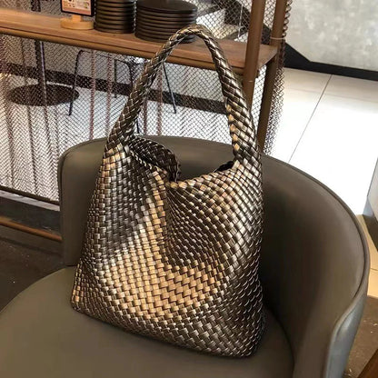 2025 Fashion Soft Hobo Weave Shoulder Handbag With Insert Organizer Woven Vegan Leather Top-handle Tote All-Match Underarm Bag