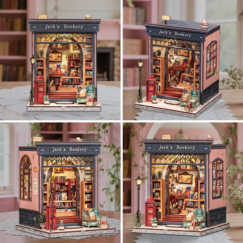 CUTEBEE Book Nook Kit DIY Doll House with LED Light Bookshelf Insert Jack's Bookery Miniature Model For Birthday Family Gift