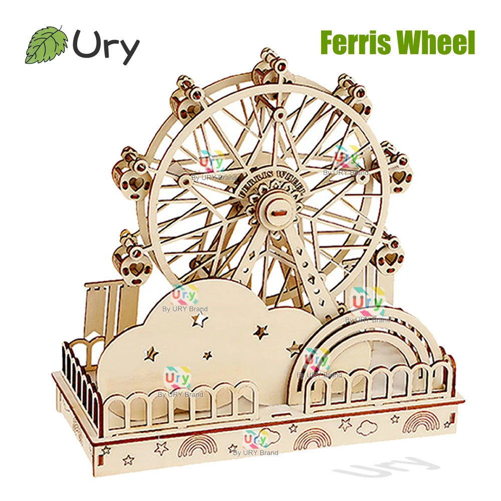 Ury 3D Wooden Puzzles Mini Amusement Park Ferris Wheel Hot Air Balloon Model Assembly Kits Decoration Toy Gift for Kids Adults