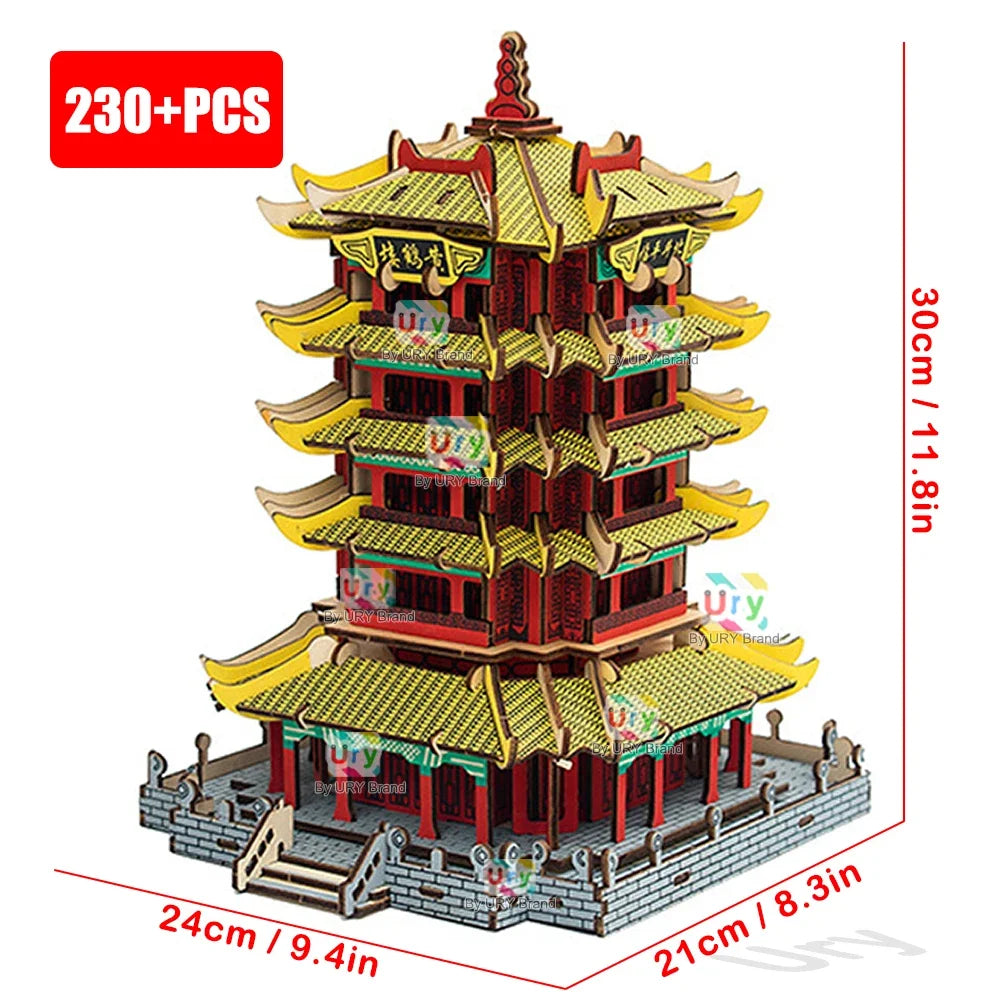 Ury 3D Wooden House Colorful Chinese Traditional Puzzle Building DIY Model Game Assembly Desktop Toy Gift for Children Adult