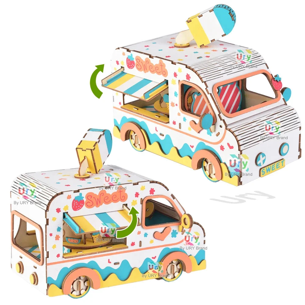 Ury 3D Wooden Puzzle Colorful Dessert Cart Beach Camping RV Truck Movable Retro Vehicle Assembly Model Decoration Gift for Kids