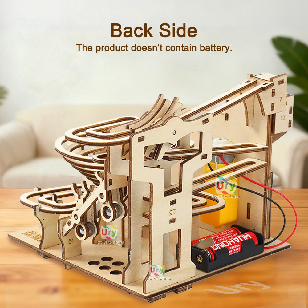 Ury 3D Wooden Puzzles Electric Staircase Track Device Marble Run Set Mechanical Model Science Maze 6 Balls Assembly Gift for Kid