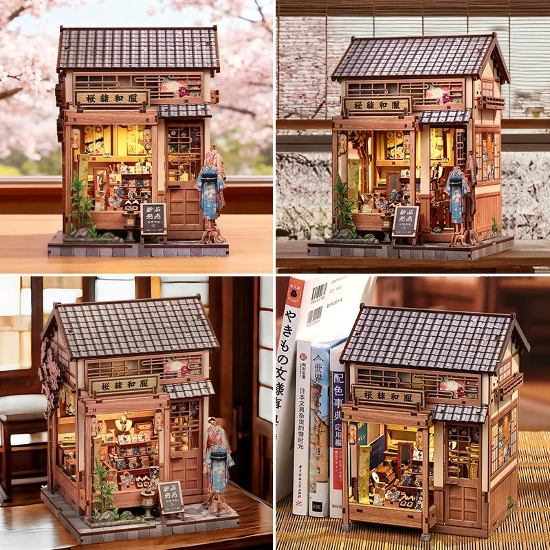 CUTEBEE Book Nook Kit DIY Doll House Wooden Puzzle Bookshelf Insert Miniature Model Christmas Gift for Sakura O kimono Shop