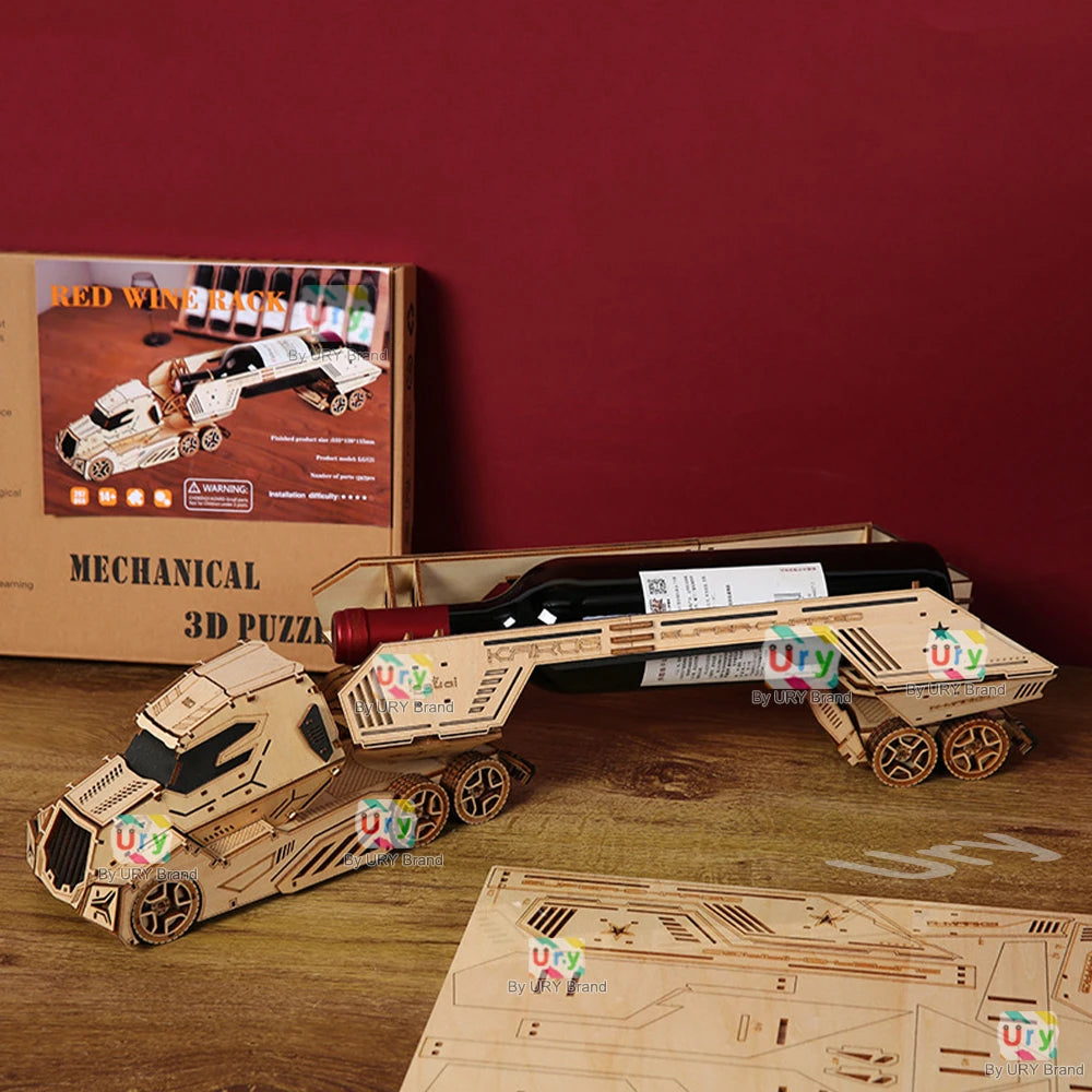 URY 3D Wooden Puzzle Retro Wine Rack Truck for Kids Adult DIY Assembly Model Toy Craft Kits Desktop Decoration Christmas Gift