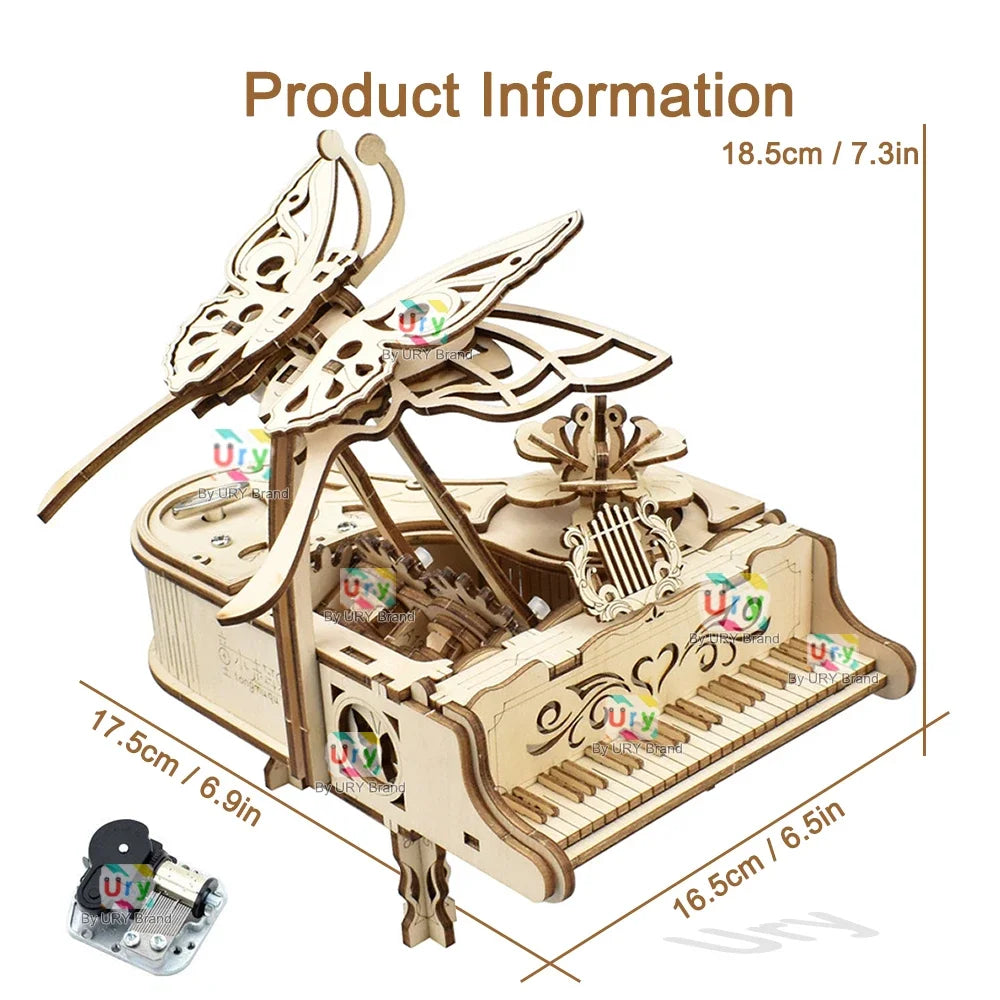URY 3D Wooden Butterfly Grand Piano Hand Crank Musical Movement DIY Retro Toy Rhythm Device Model for Children Christmas Gift