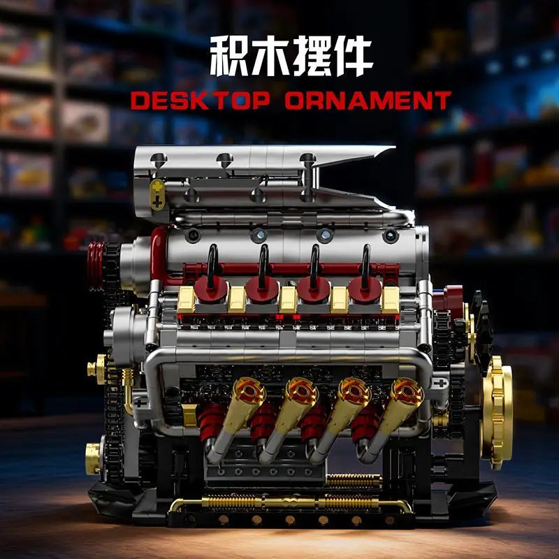 GQ3703 1176PCS V8 Engine Model Sports Car Simulation Cylinder Chain Drive Engine Building Blocks Ornaments Bricks Toy Kids Gift